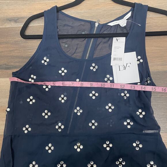 Diane Von Furstenberg 2 Abrielle Crystal Scoop Dress Mini Navy Silk Sleeveless - Picture 14 of 14